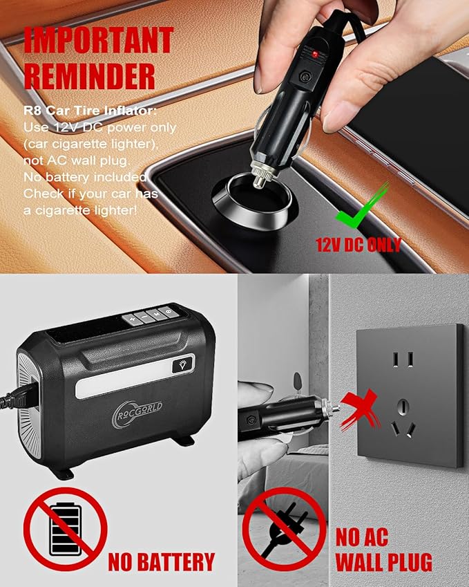 R8 Tire Inflator Portable Air Compressor, DC 12V Portable Air Compressor