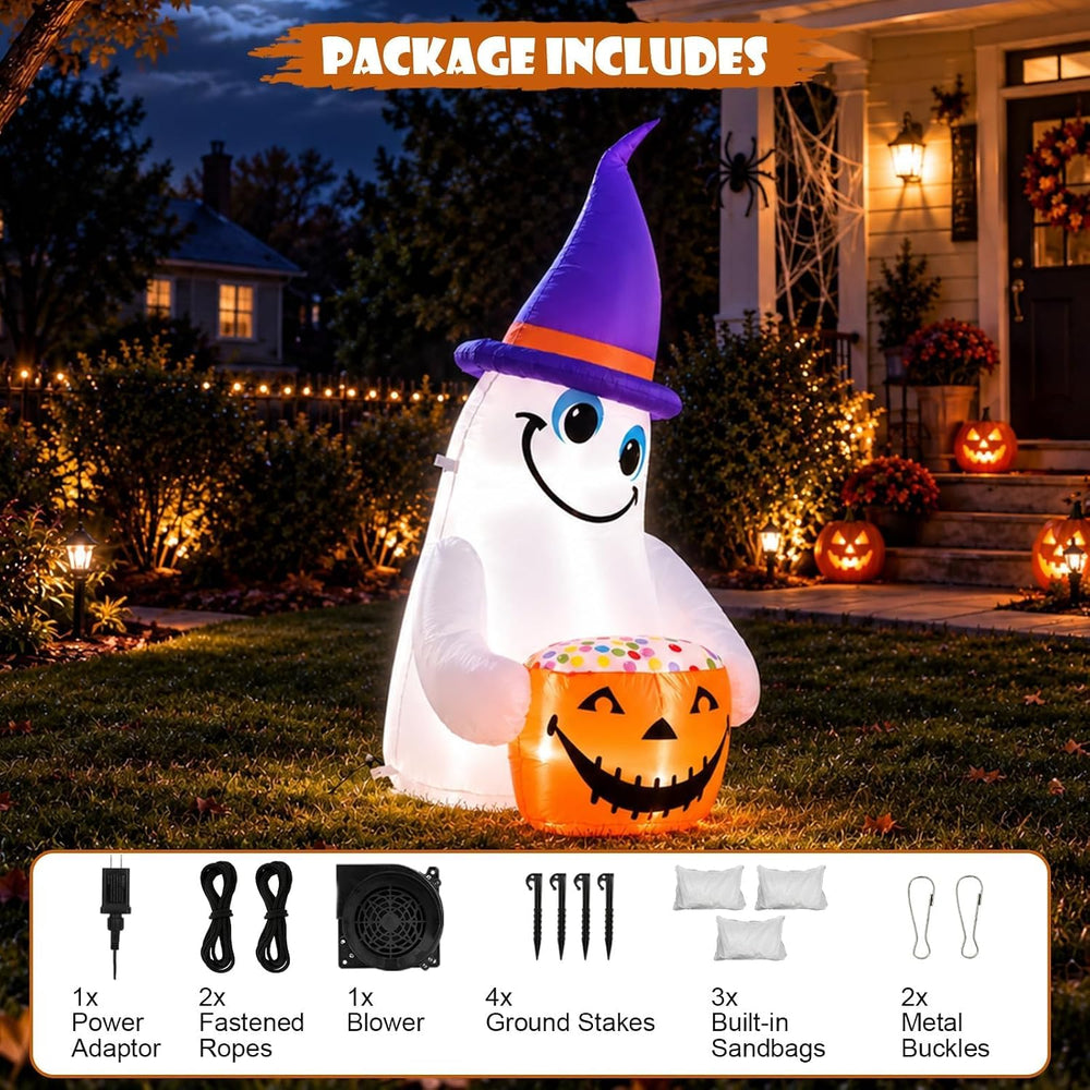 4FT Halloween Inflatable Outdoor Decorations, Blow Up Cute Ghost with Witch H...