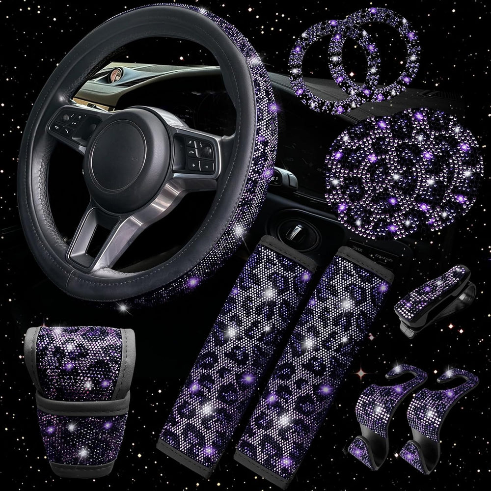 11 pcs Bling Purple Leopard Car Accessories Set for Women, Cheetah Print Stee...