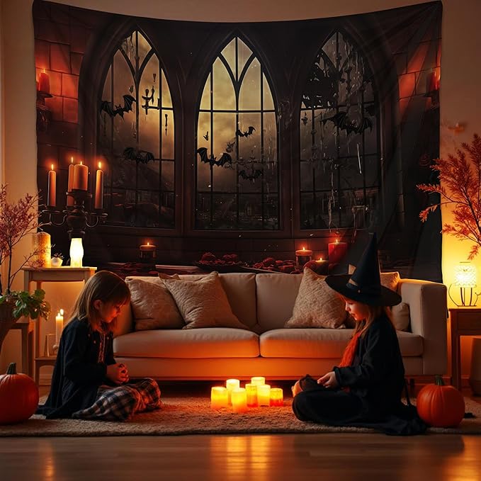 QGHOT Halloween Tapestry Wall Hanging Horror Castle Window Tapestry Gothic Sp...