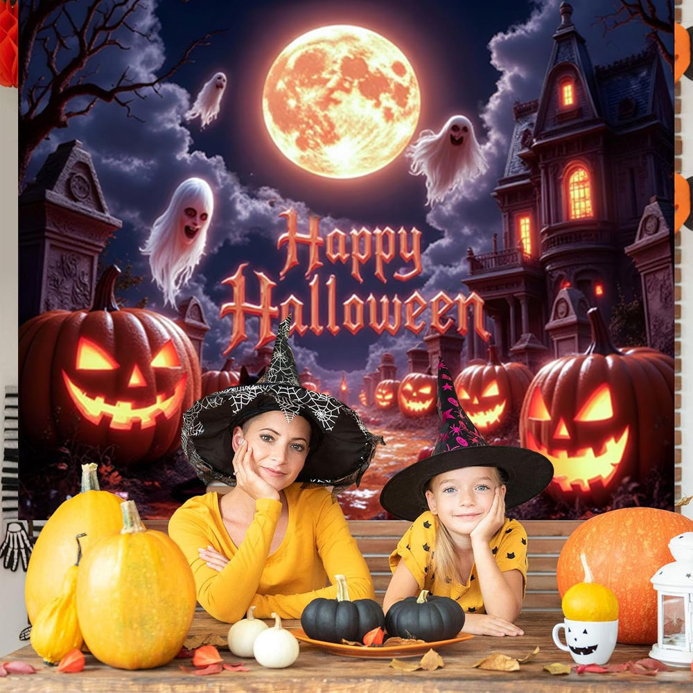 15x10ft Halloween Backdrops for Photoshoot Spooky Golden Full Moon Pumpkin Gh...