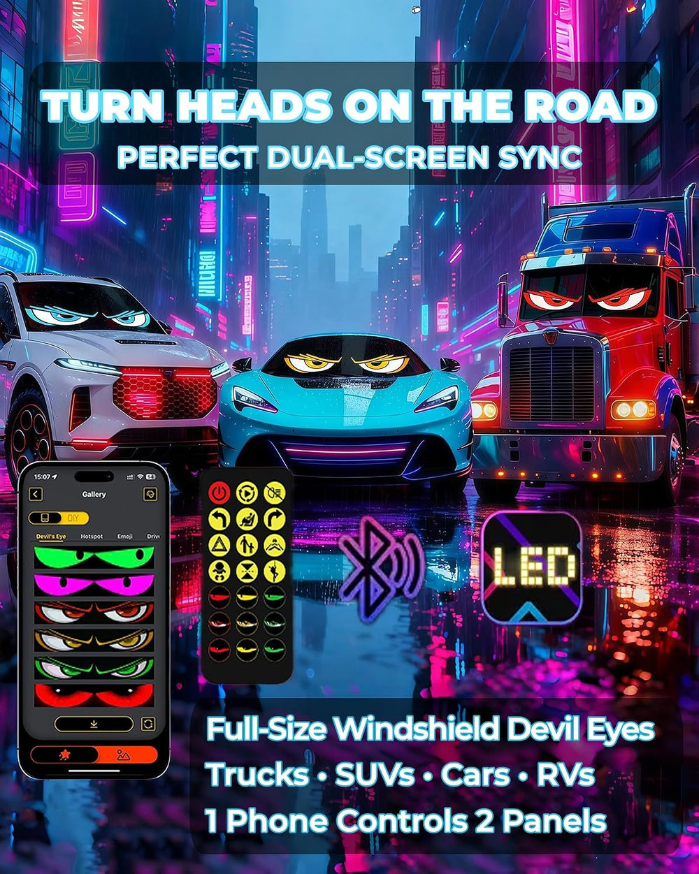 2PCS 23"x5" Devil Eyes Light for Windshield – Dual Screen Sync, LED...