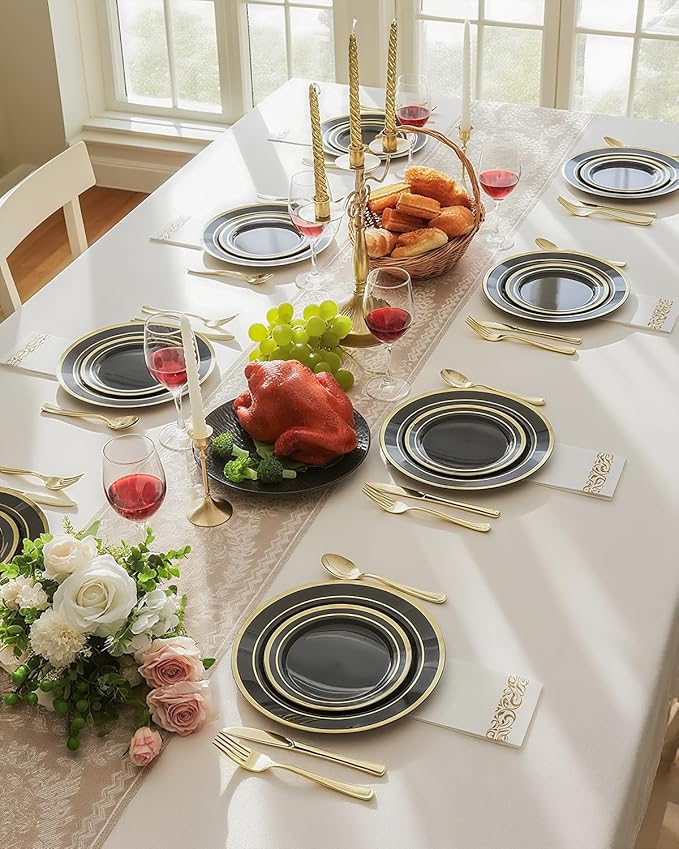 100PCS Black Plastic Plates Set with Gold Rim, 50 10.25 inch Dinner Plates an...