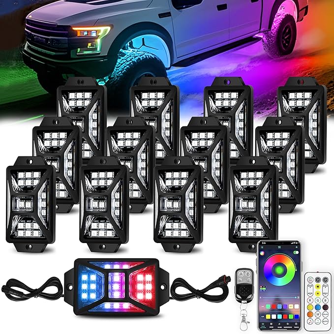 12 Pods 252 LEDs 5 Sides RGB Rock Lights, App/2 Remote Control Rock Lights