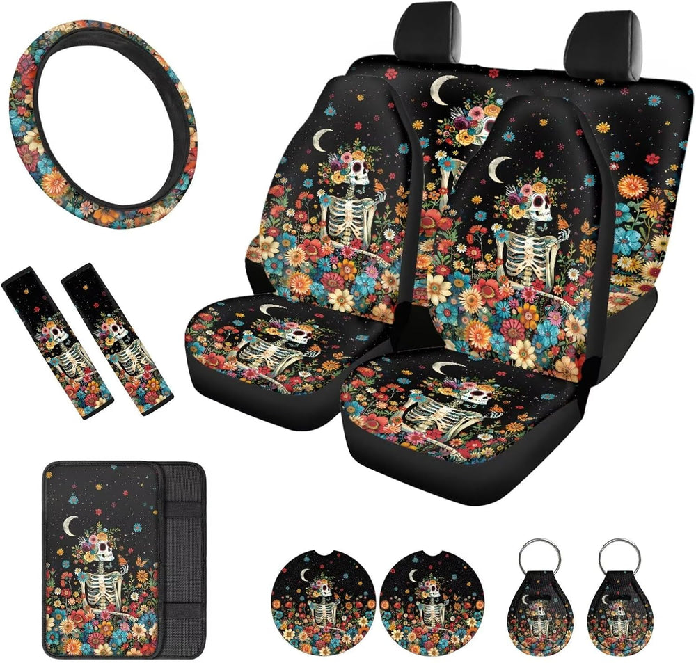 Skeleton Floral Print Full Set Automotive Seat Covers Moon Print Front & ...