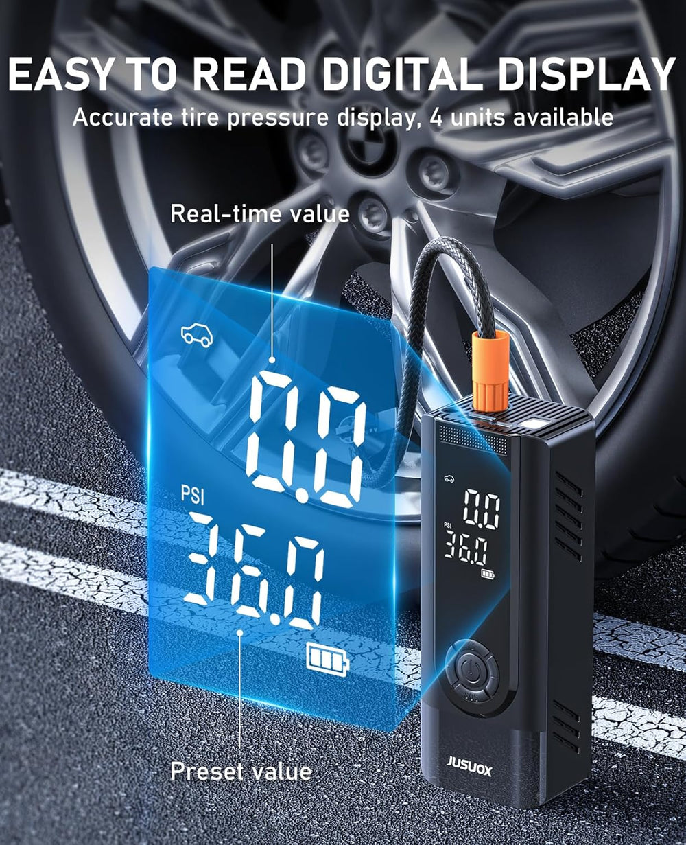 JUSUOX Tire Inflator Portable Air Compressor, 150 PSI Dual Power