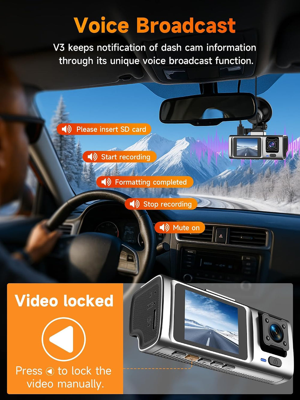 3 Channel Dash Cam Front and Rear Inside, 2.5K Front Cabin Recorder with Supe...
