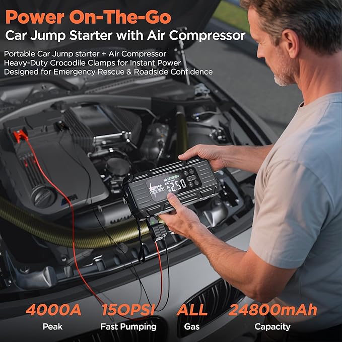 Jump Starter with Air Compressor: 4000A 150PSI Car Battery Charger - 65W Tire