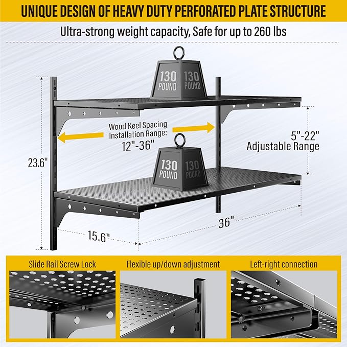 2 Tier 1.3x3ft Garage Shelving Wall Mounted, 400 lbs Load Capacity, 15.6x36inch