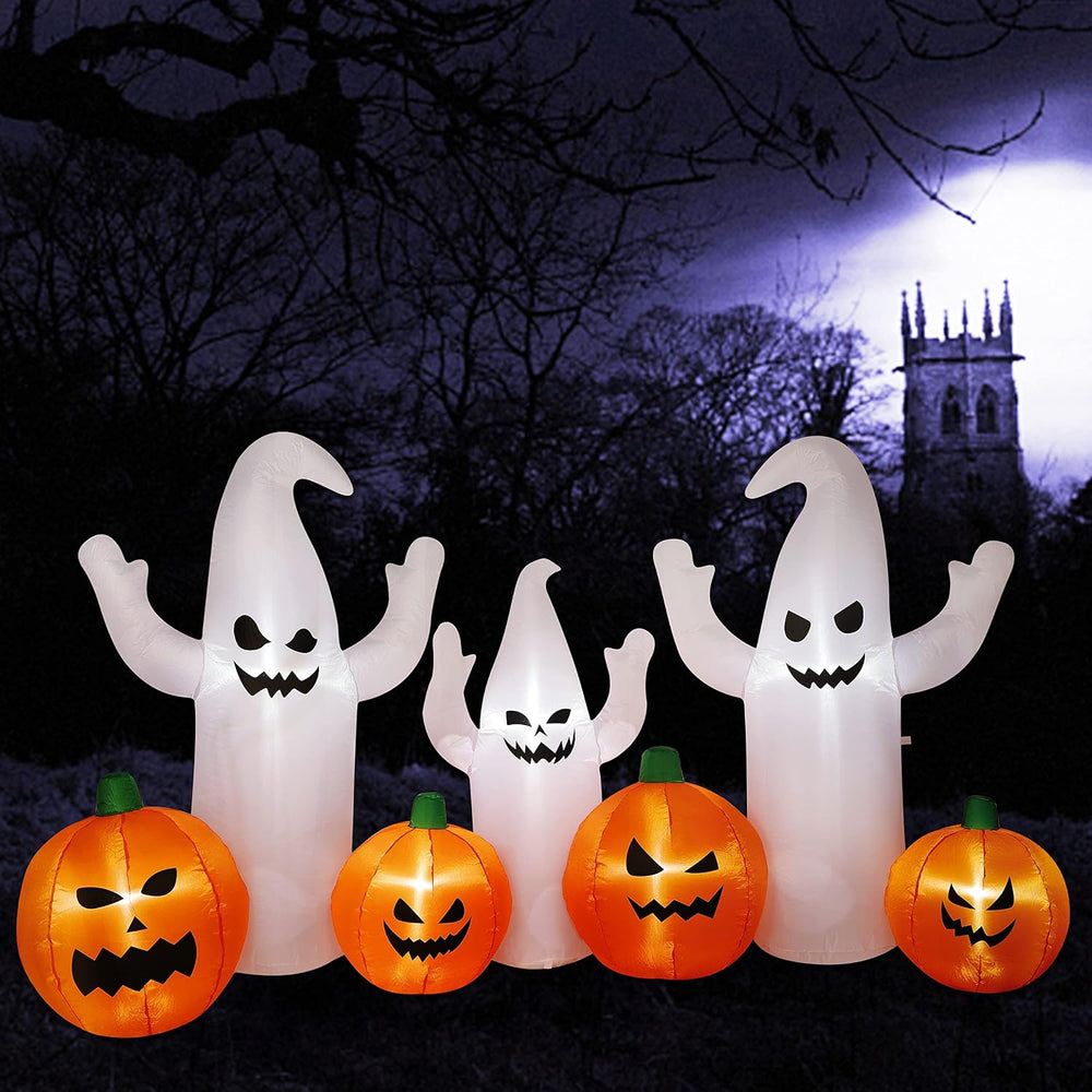 SAND MINE 8 FT Long Lighted Halloween Inflatable Ghosts with Pumpkins, Hallow...