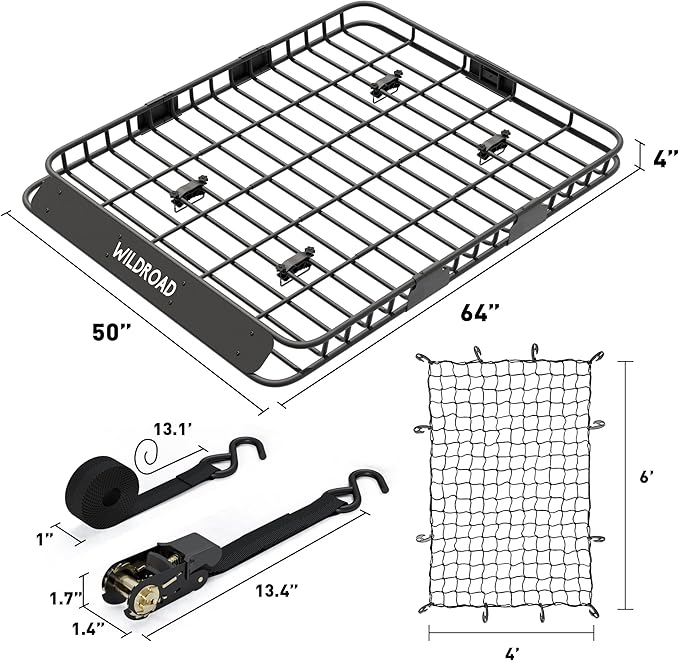 Wildroad Roof Rack Cargo Basket, Upgraded 4” Fence Wide Car Roof Basket