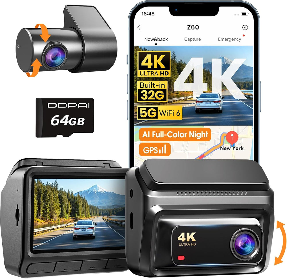 DDPAI Z60 4K+1080P Dual Dash Cam, Night Vision, 32GB eMMC+64GB Card