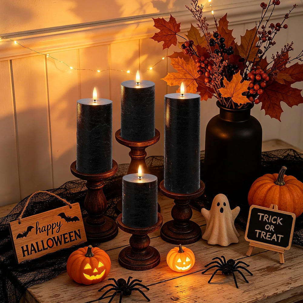 Black Flickering Flameless Candles, Real Wax Halloween Pillar Candles