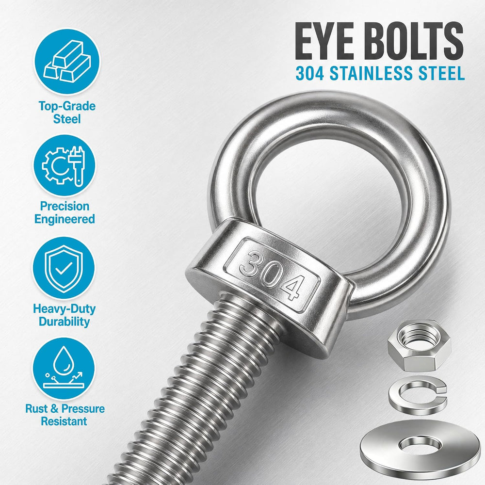 8 Pack M12 Stainless Steel Eye Bolts with Nuts and Washers, 1/2" x 4&quo...