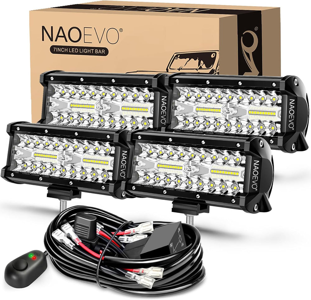 NAOEVO 4 Pcs 7 Inch LED Light Bar with 4 Leads Harness for Trucks, White