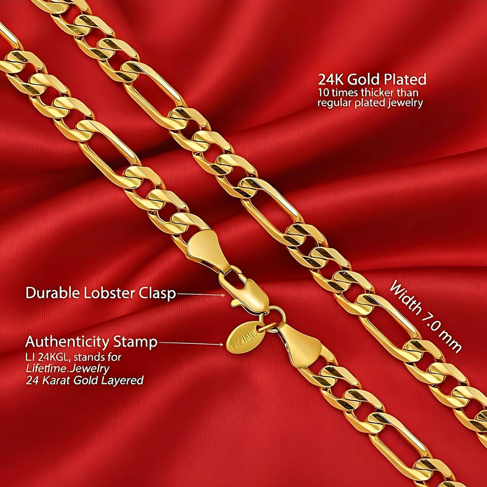 LIFETIME JEWELRY 7mm Gold Figaro Chain for Men & Women - 24k Real Gold Pl...