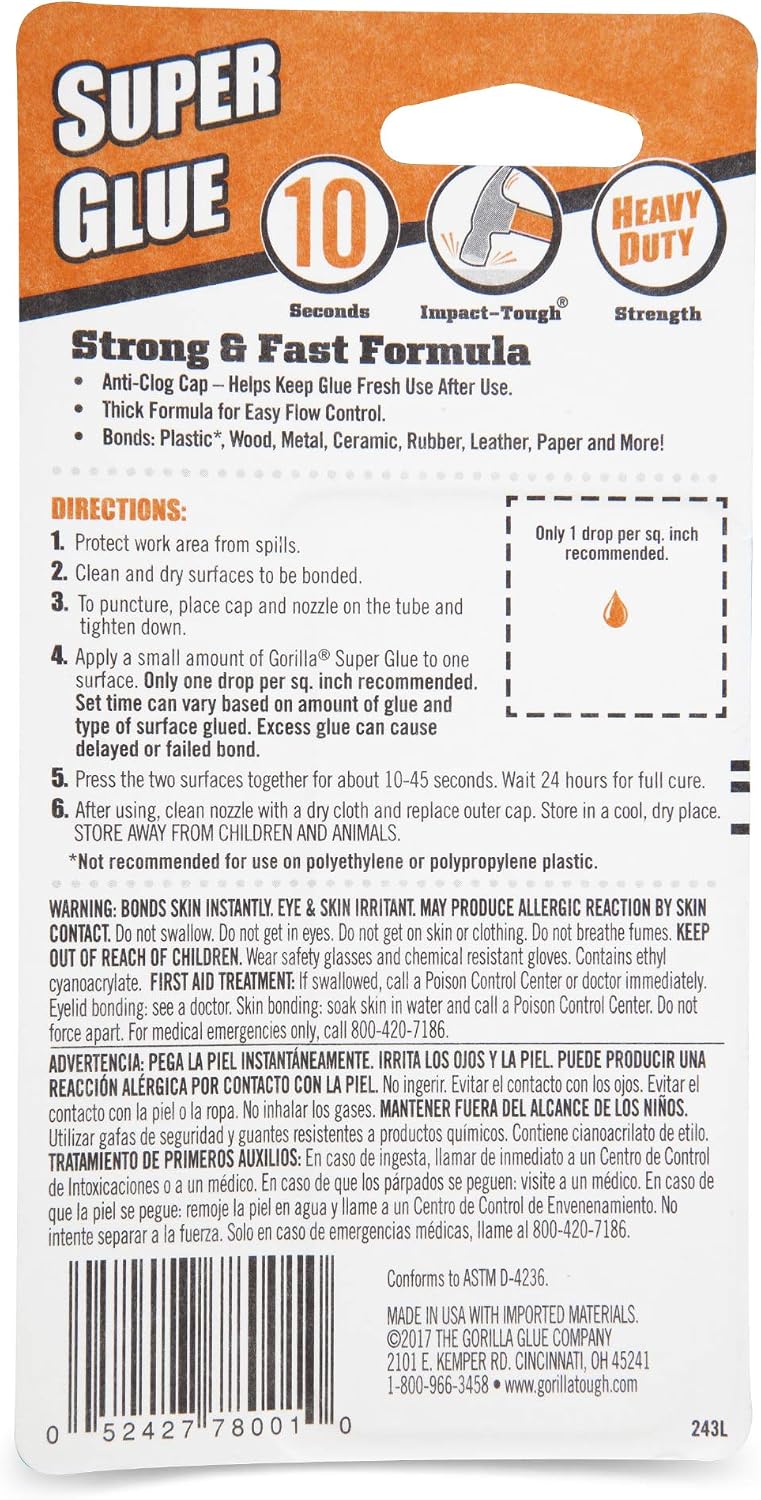 Gorilla Super Glue, Two 3 Gram Tubes, Clear, (Pack of 10)