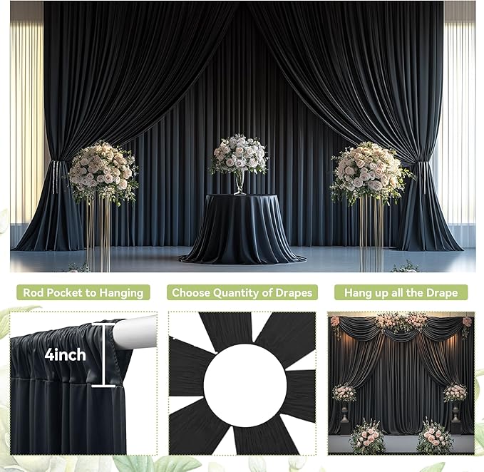 PartyVillage 50ft×15ft Black Backdrop Curtain for Halloween Parties, 10 Panel...
