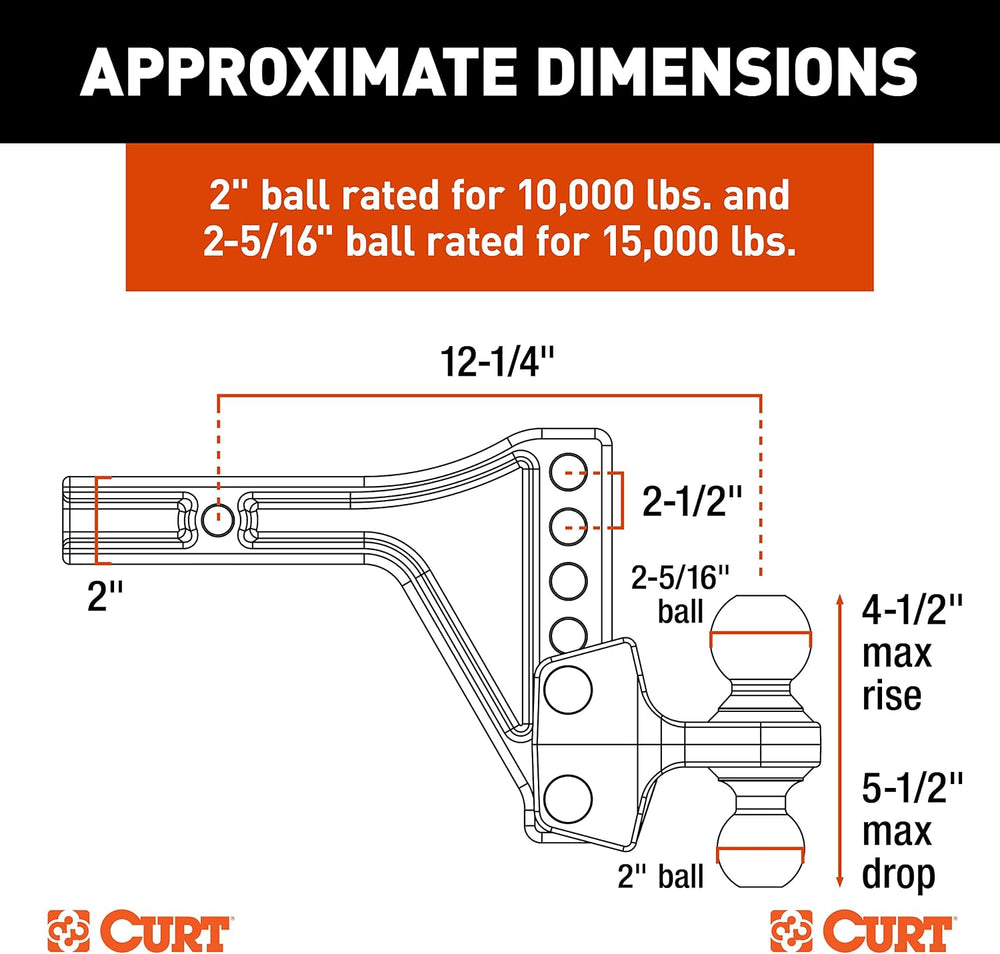 CURT 45935 Adjustable Dual-Ball Hitch Mount, 2" Shank, 15,000 lb