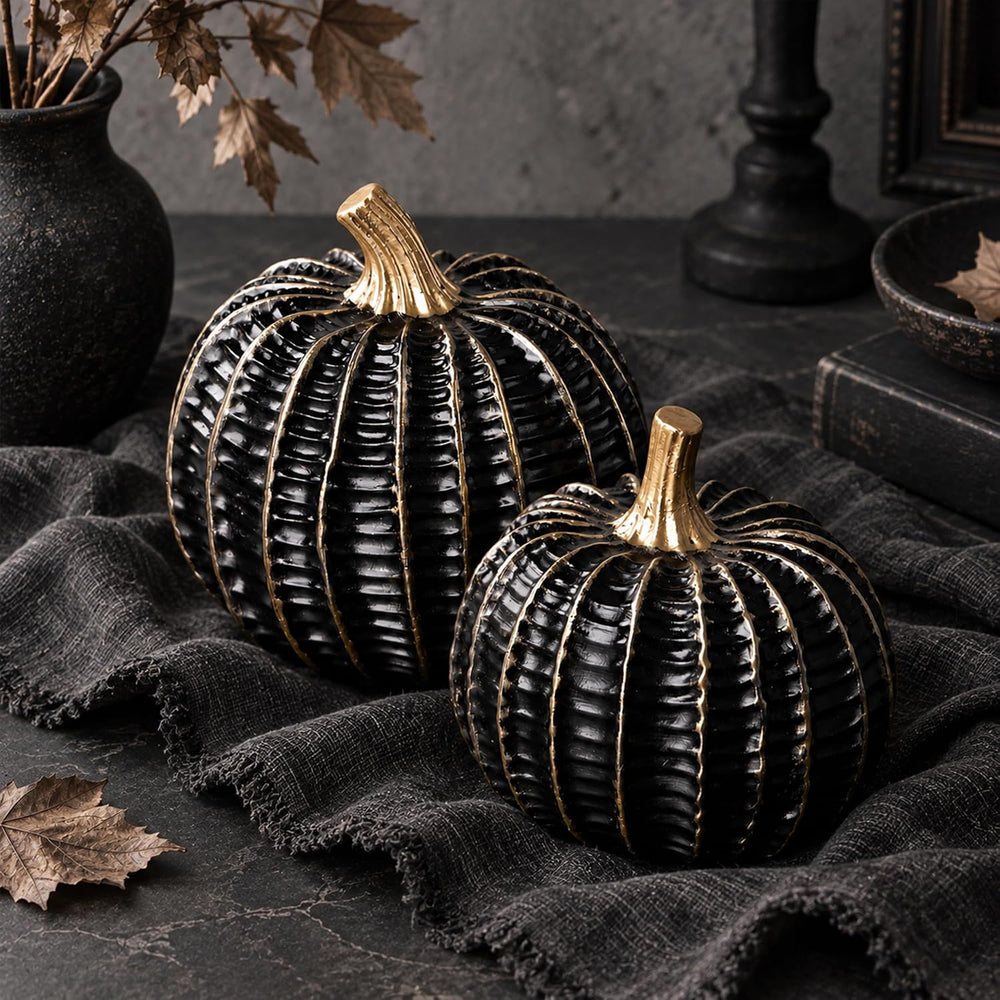 Parsin 3 Pcs Black & Gold Resin Pumpkin Decorations for Fall and Halloween