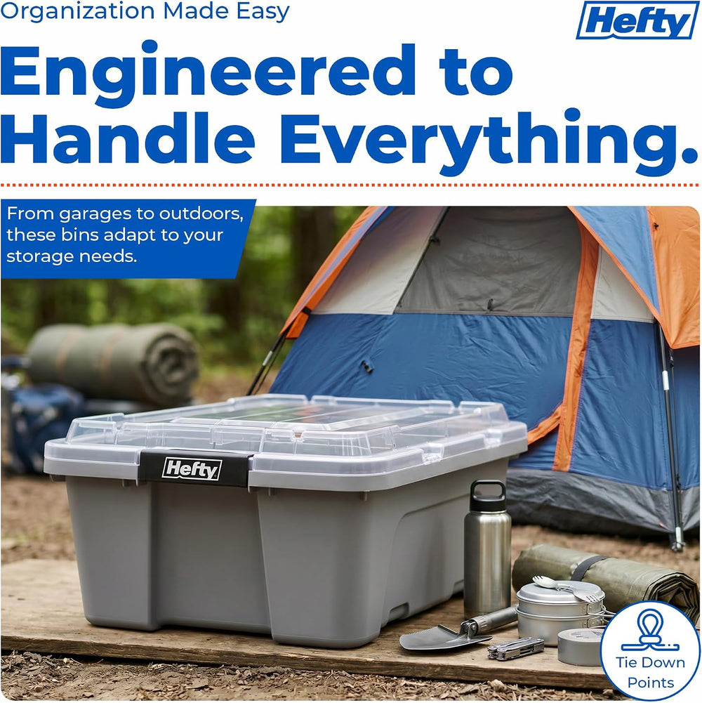 Hefty MAX Pro 12 Gal Storage Bins with Clear Lids, Stackable, 6 Pack, Grey