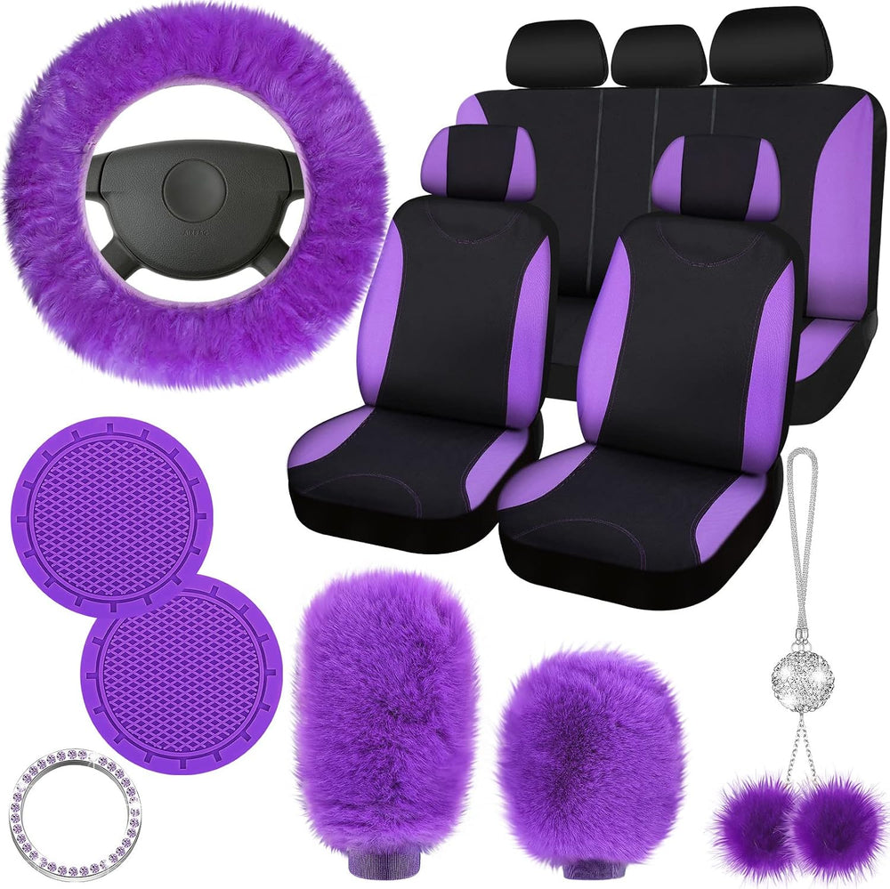 Tallew 17 Pcs Purple Fluffy Car Seat Cover Full Set for Women