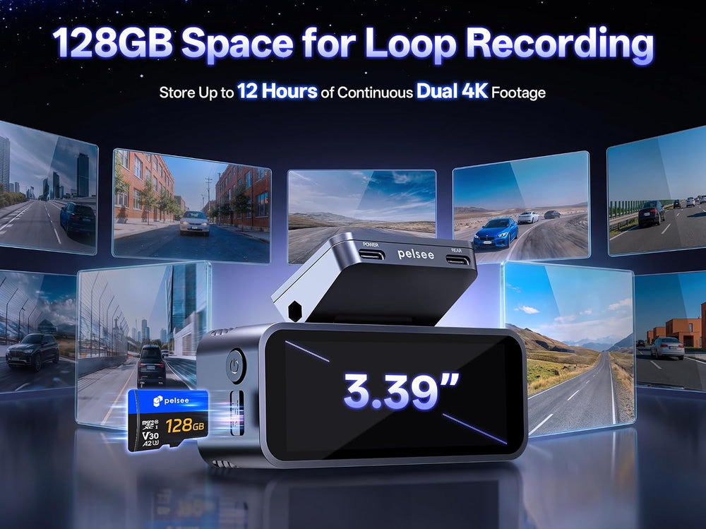 Pelsee S1 Pro Native 4K + 4K Dash Cam Front and Rear, 128GB Card Included