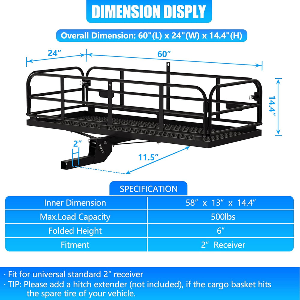KAIRAY 500 Lbs Heavy Duty Hitch Mount Cargo Carrier 60"x24"x14.4&qu...