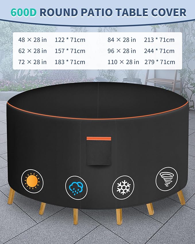 Round Patio Furniture Cover, 96 Inch Diameter Waterproof 600D Heavy Duty Table