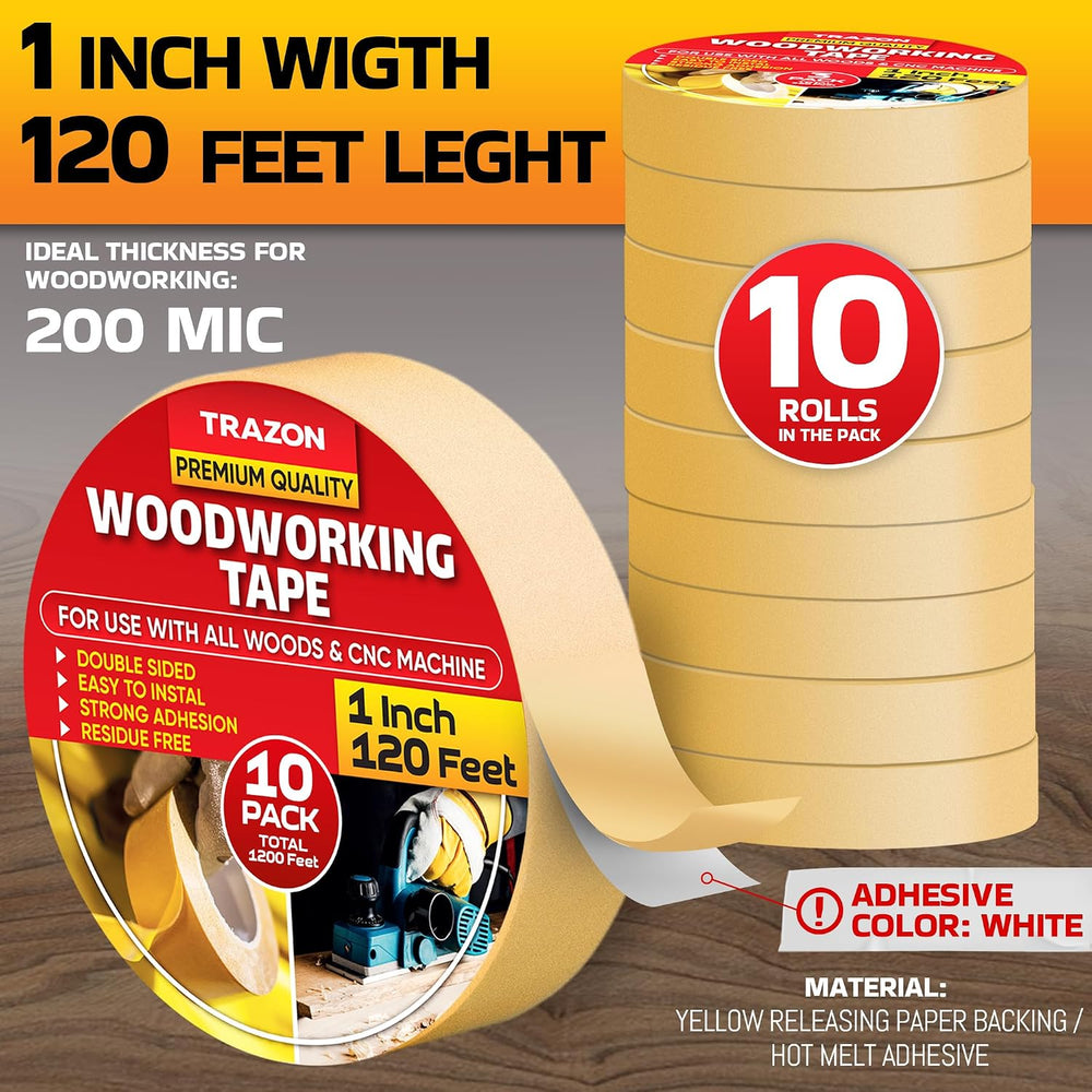 Trazon Double Sided Woodworking Tape Super Strong, 10 Pack, 1 Inch x 120 Feet...
