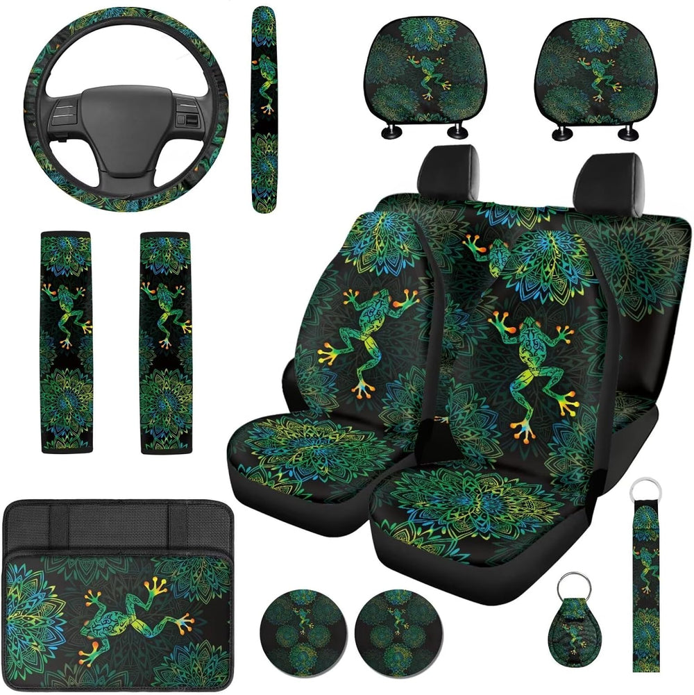 Bulopur Boho Floral Frog Vehicle Seat Covers Full Set with Matching Car Steer...