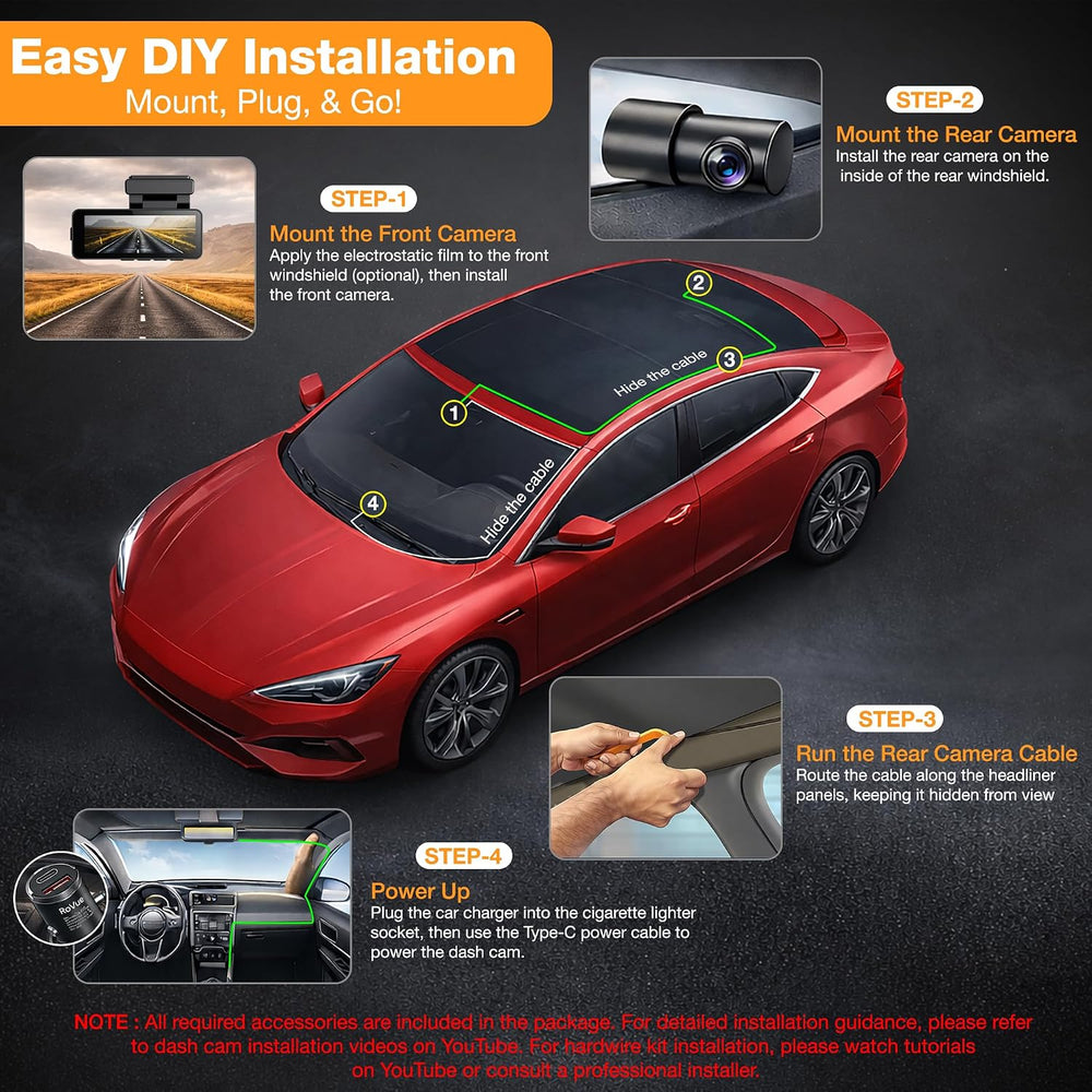 4K+2K Dash Cam Front and Rear, 128GB Card & Hardwire Kit Included, Built-...