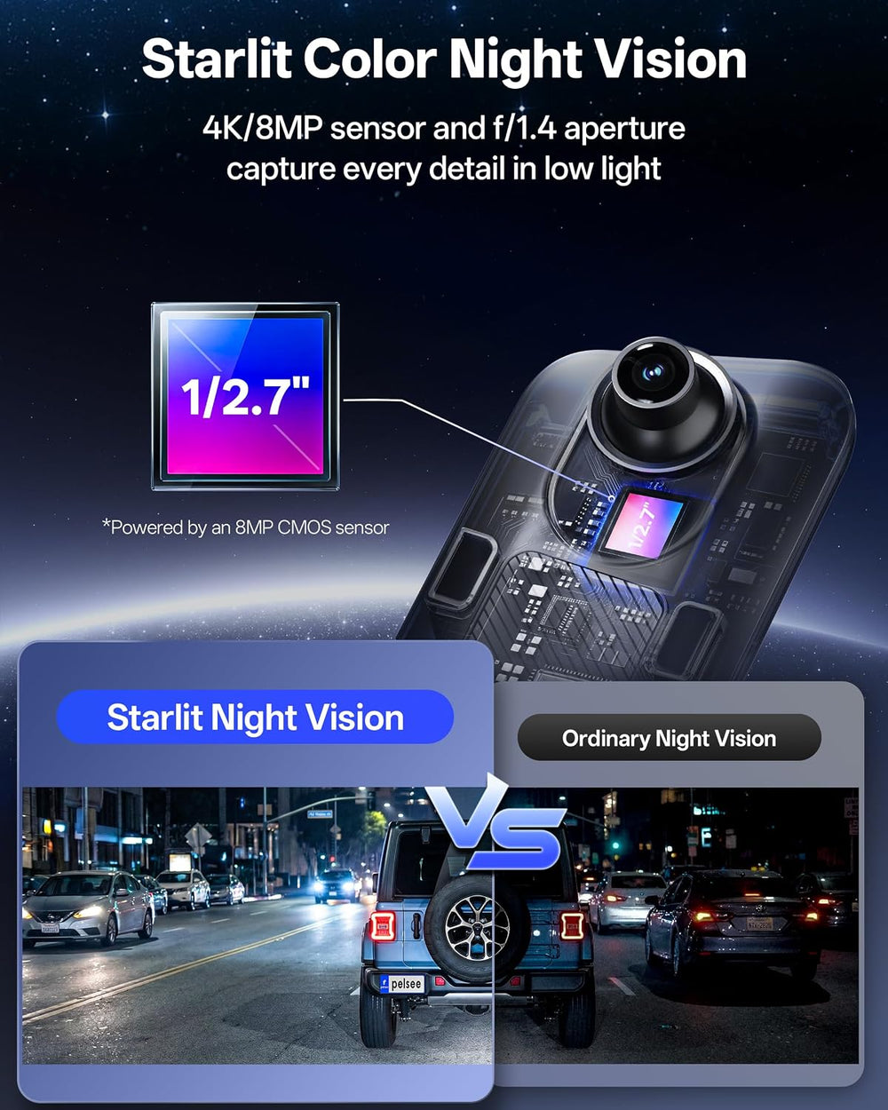Pelsee S12 Native 4K + 2.5K Mirror Dash Cam, 64GB Card Included, GPS