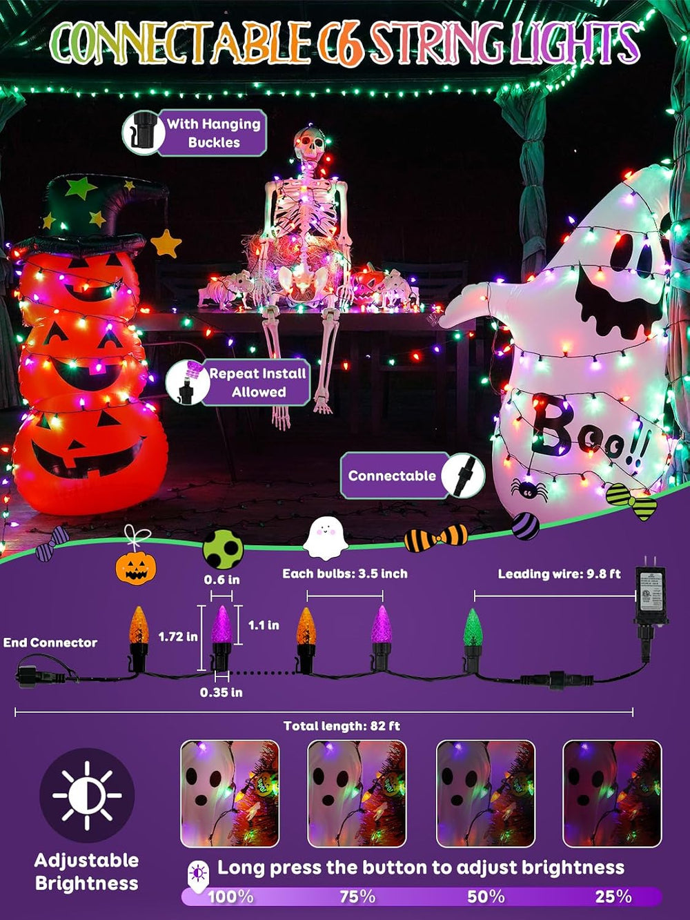 250 LED Linkable C6 Halloween Lights 82FT Halloween Lights Outdoor Indoor