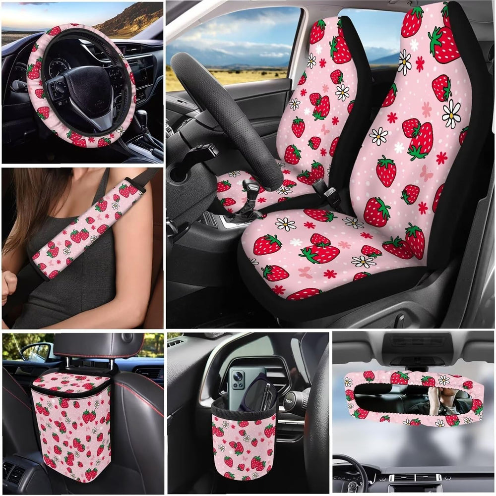 Car Accessories Pink Strawberry Car Seat Cover Full Set Include Cup Coasters ...