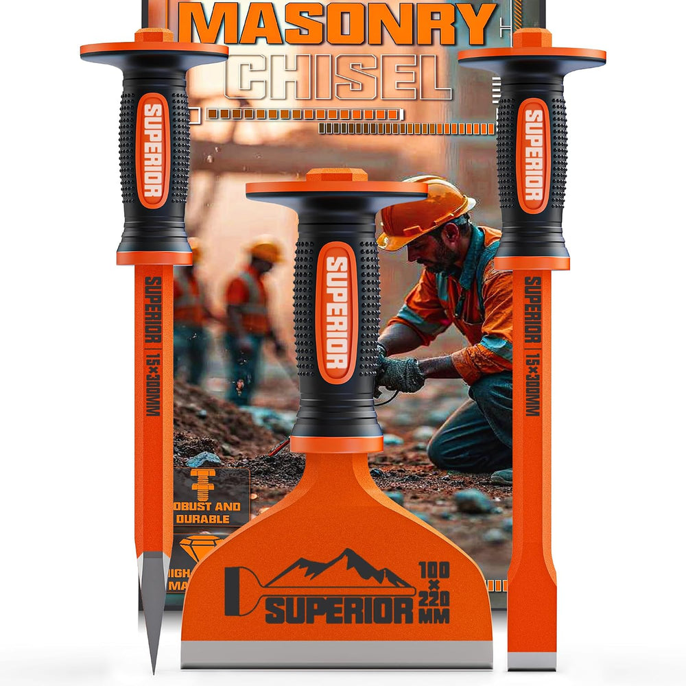 3Pcs Heavy Duty Masonry Chisel Set with Hand Guard Concrete Chisel Tools Incl...