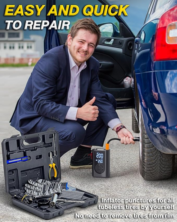 Tire Repair Kit with Portable Air Compressor, Tire Plug Kit 58PCS with Cordless