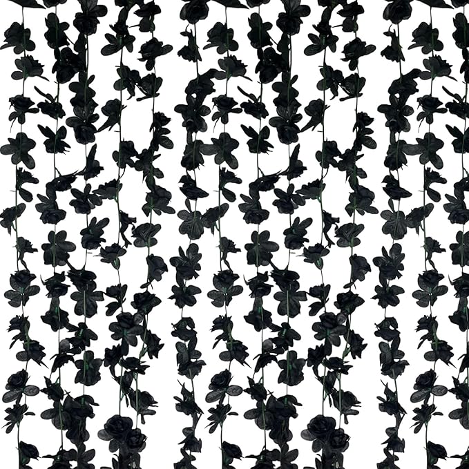 8Pcs 63Ft Black Rose Garland, Fake Rose Hanging Flowers, Artificial Flower Vi...