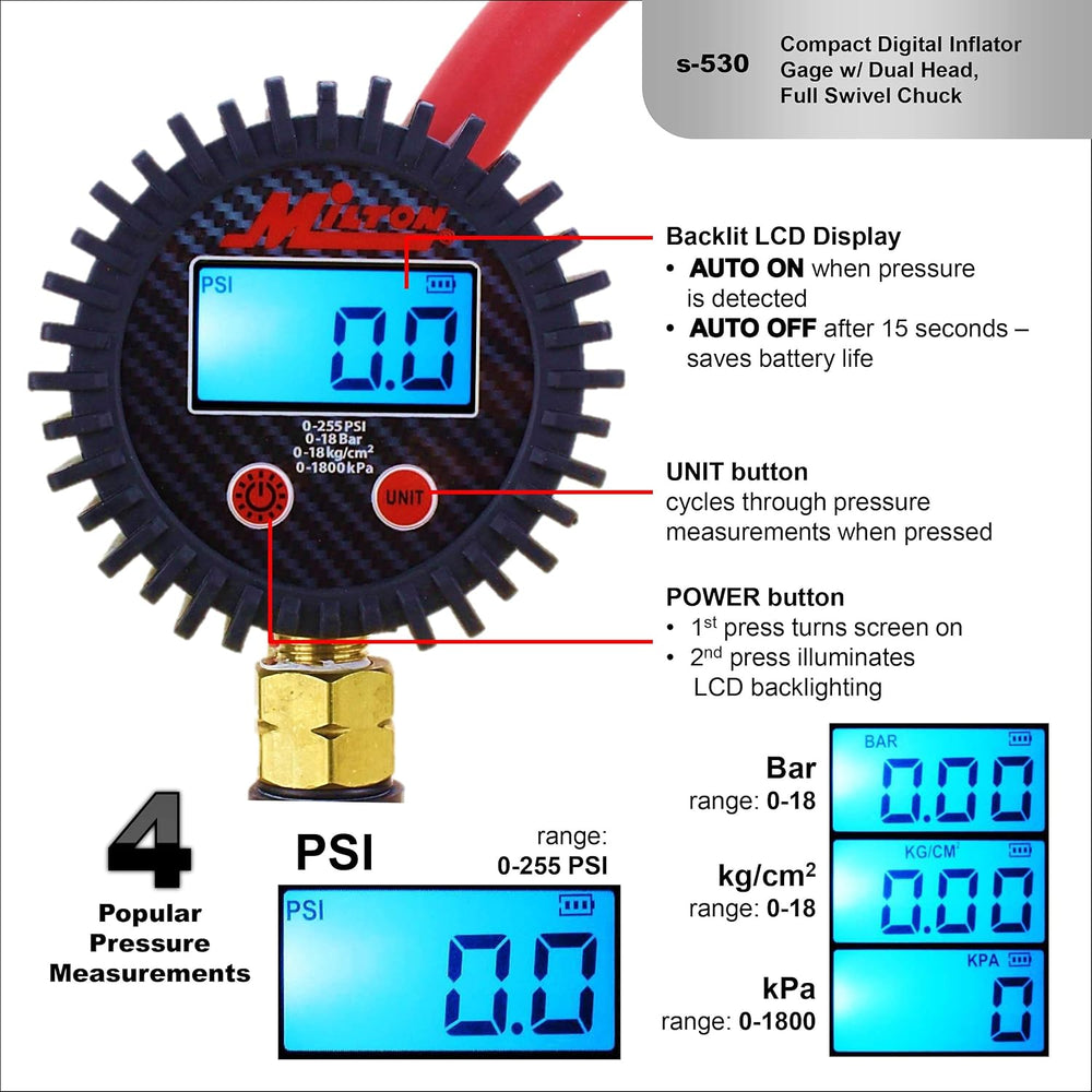 Milton S-530 Compact Digital Tire Inflator with Pressure Gauge, 255 PSI, Dual...
