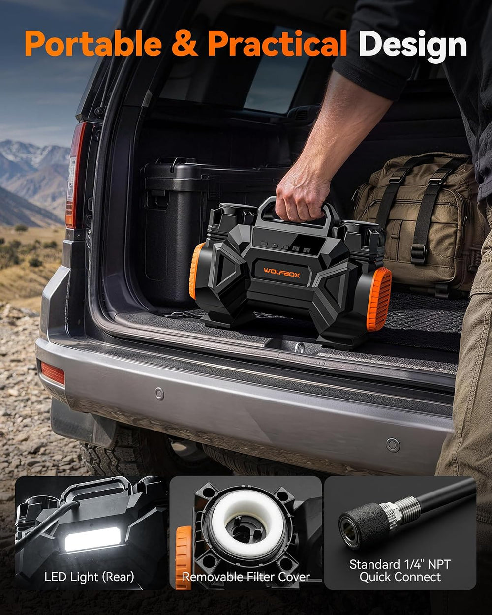 WOLFBOX HyperFlow60D 12V Portable Air Compressor, 60-Minute Runtime Offroad A...