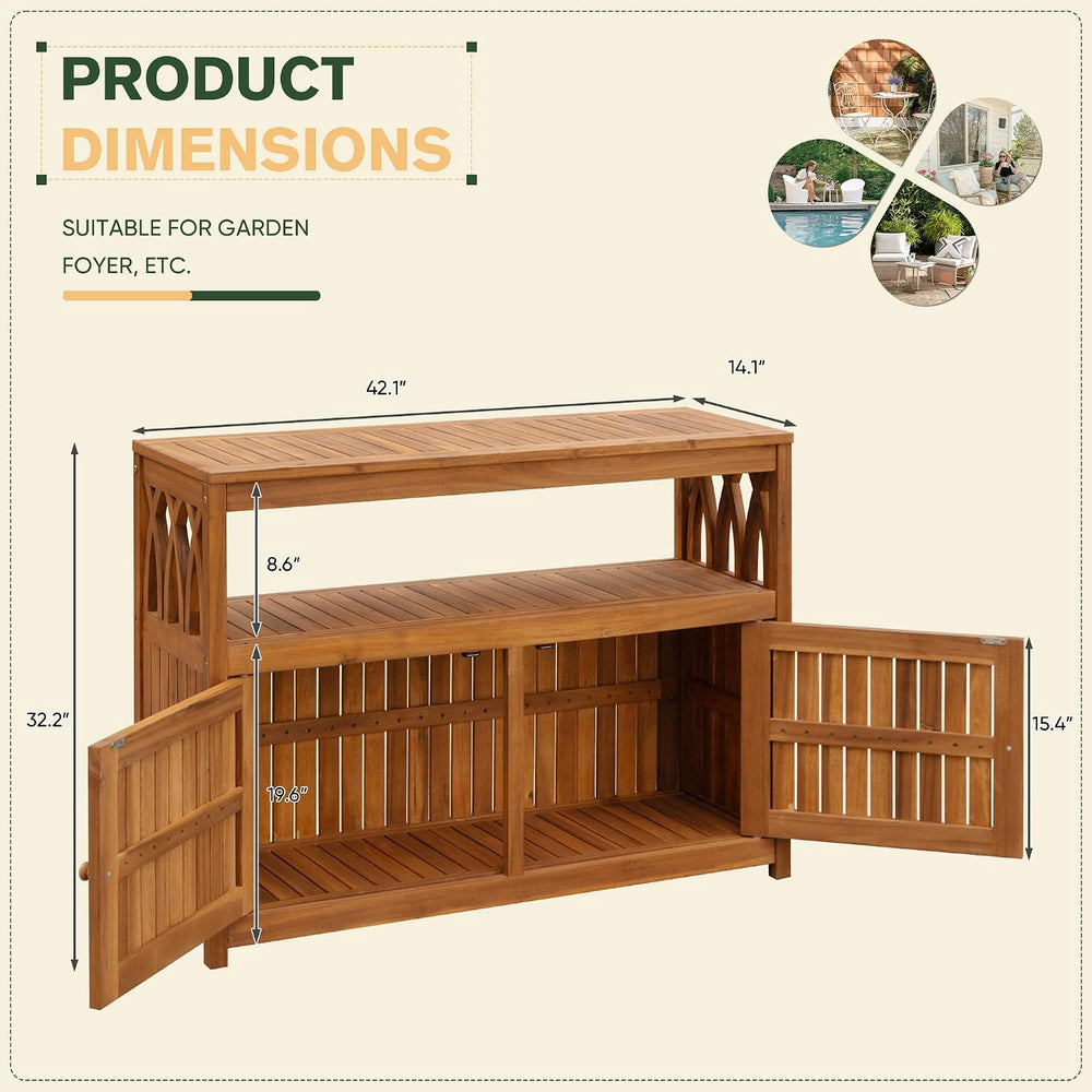 Greesum 2‑Tier Acacia Wood Outdoor Storage Cabinet with 2 Magnetic Doors