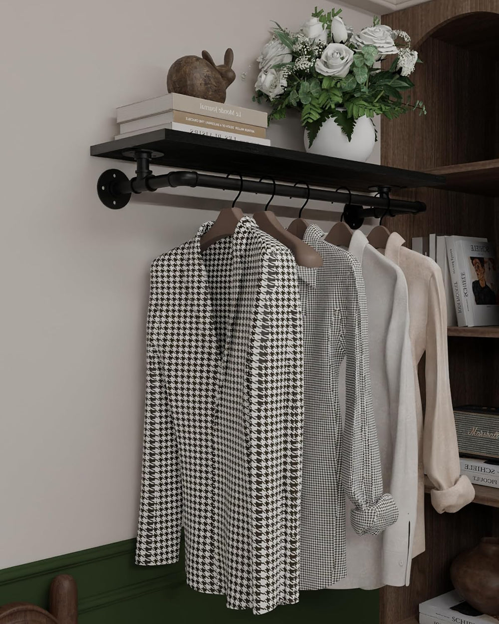 Black Clothes Rack 36in, Wall Mounted Garment Rack with Black Real Wood Shelf...