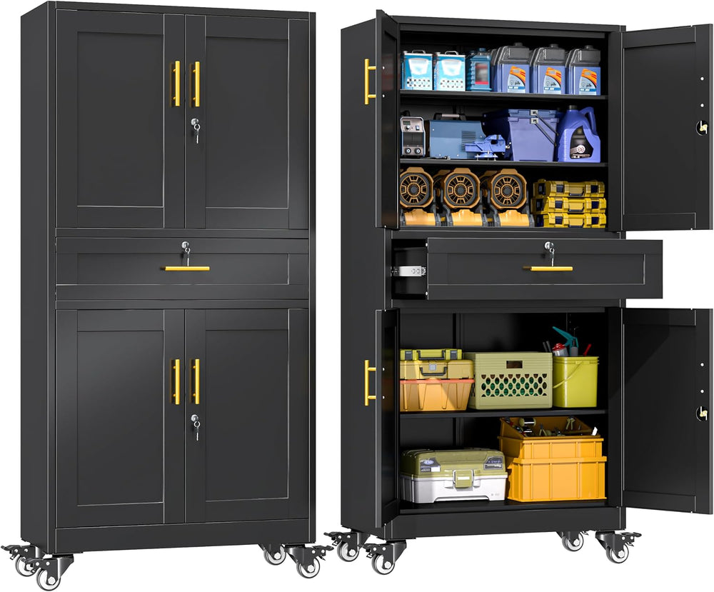 75" H Metal Garage Storage Cabinet, Rolling Tool Cabinet with 2 Doors an...
