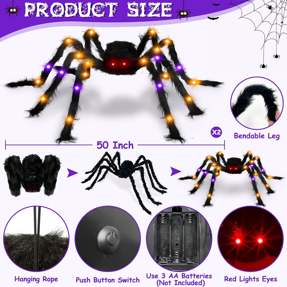 2Pack 50Inch Giant Halloween Spiders Decorations with 8 Modes 30 LED Lights