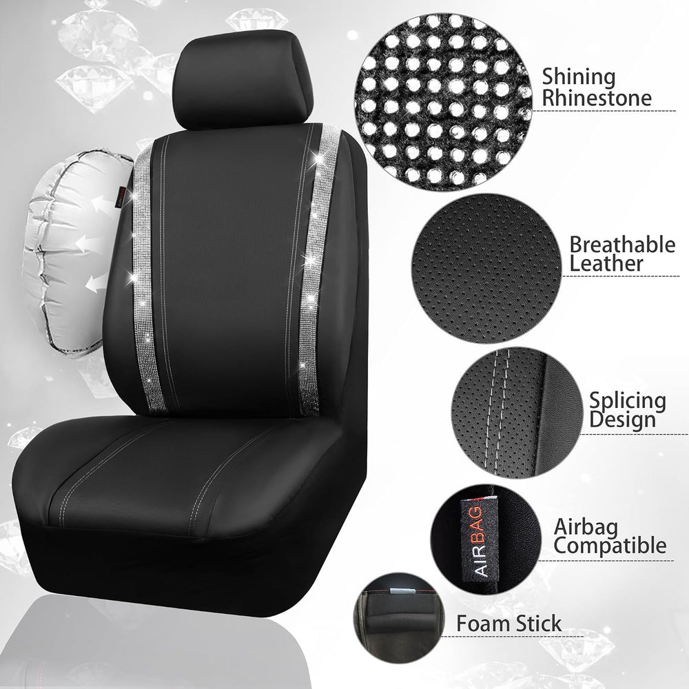 CAR PASS Bling Diamond Car Seat Covers Full Set, Shining Rhinestone Waterproo...