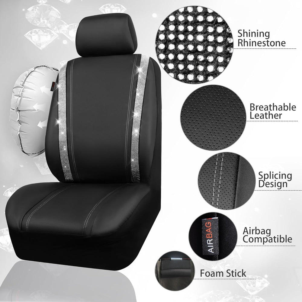 CAR PASS Leather Bling Diamond Car Seat Cover 2 Front Interior Sets, Waterpro...