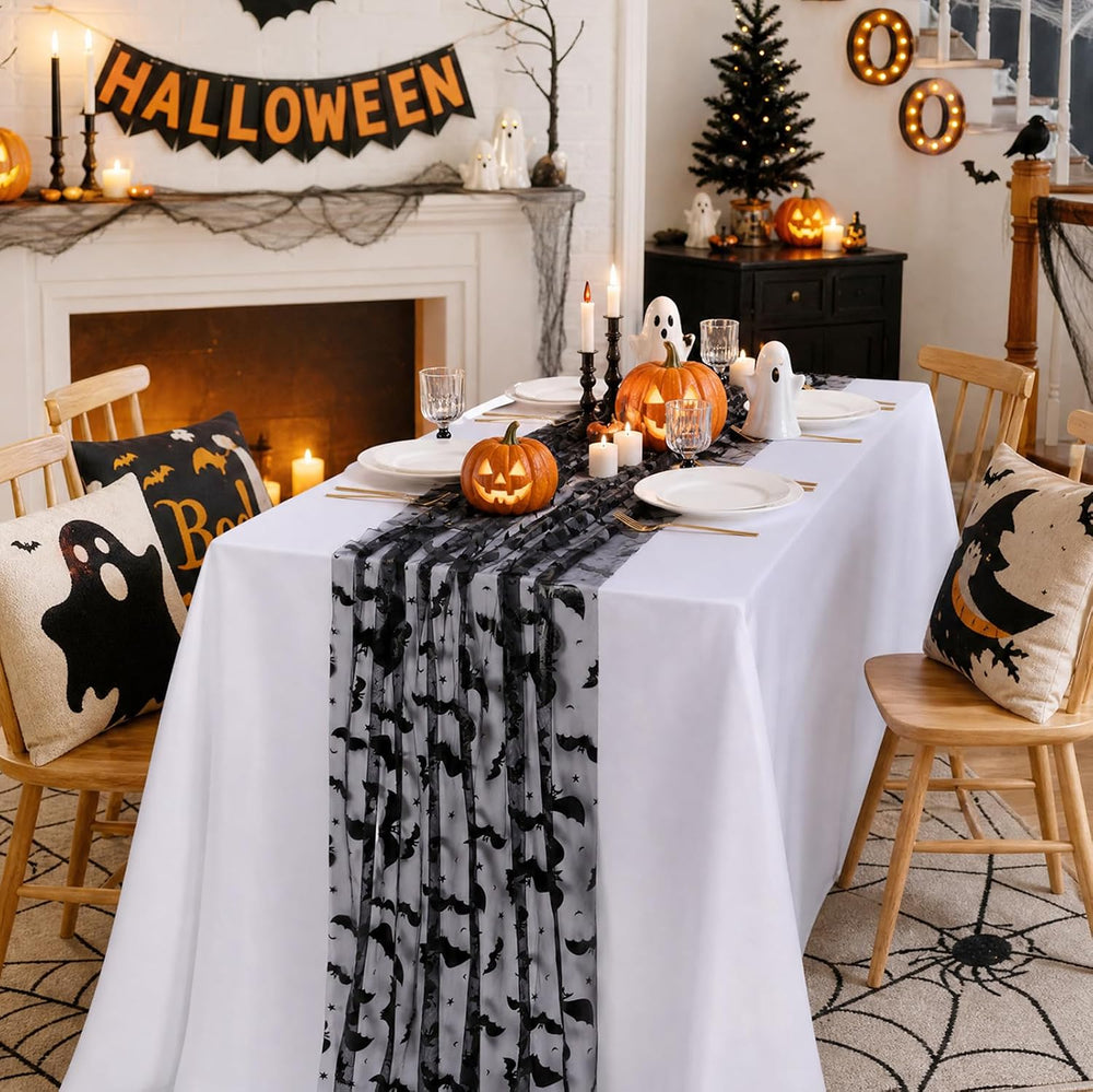 Halloween Table Runners Lace Black Bat Linen Drape Scary Theme Spooky Decor