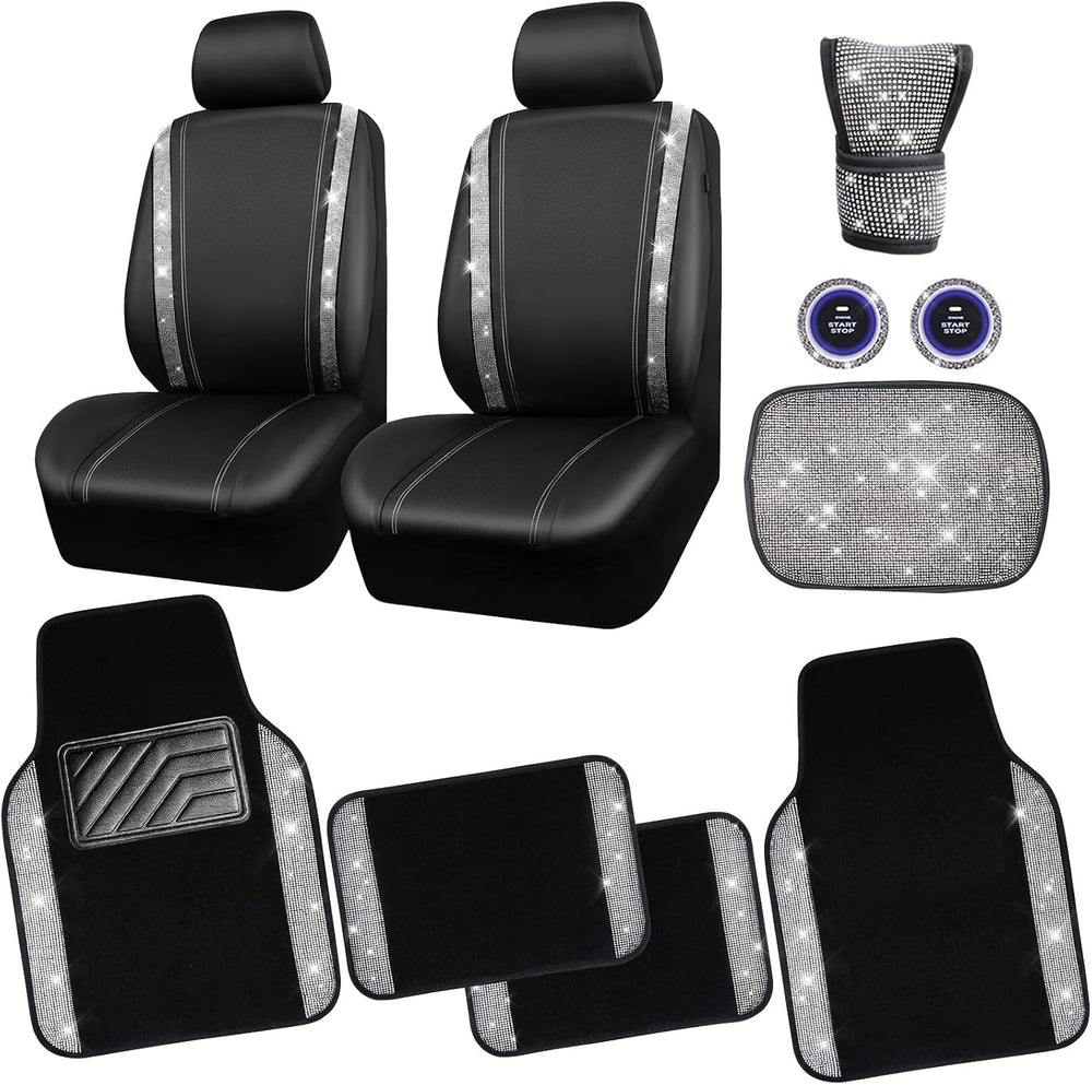 CAR PASS Rhinestone Bling Diamond Car Seat Covers Leather Shining Car Floor M...