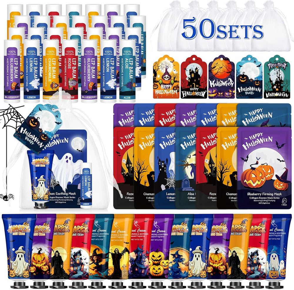 50 Pack Halloween Hand Cream, Facial Mask and Lip Balm Set, Halloween Gifts