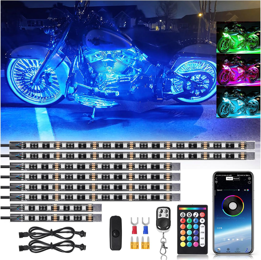 8PCS Motorcycle RGB LED Light Kits with Brake Turn Signal, Underglow Lights w...
